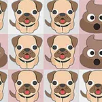 En række af tegneseriehundehoveder og afføringsikoner i et skakternet mønster