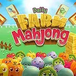 Tegningen viser farverige antropomorfe grøntsager på en gård med stalde, en traktor og mahjong-brikker flyvende i luften