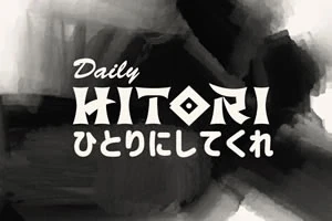 Teksten Daily Hitori på en sort-hvid abstrakt baggrund med japanske tegn forneden