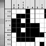 Et sort-hvidt gitter med talrækker øverst og til venstre, som danner et pixelmønster