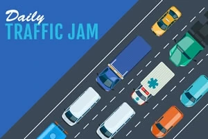 Trafikprop med flere farverige biler og lastbiler på en vej med teksten Daily Traffic Jam i øverste venstre hjørne