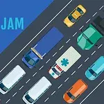 Trafikprop med flere farverige biler og lastbiler på en vej med teksten Daily Traffic Jam i øverste venstre hjørne
