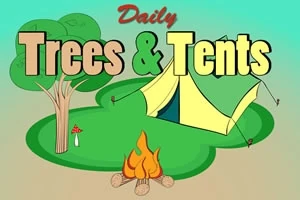 Træer og telt ved et bål med teksten Daily Trees & Tents i forgrunden