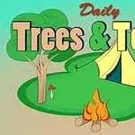 Træer og telt ved et bål med teksten Daily Trees & Tents i forgrunden