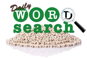 Bunken af terninger med bogstaver og teksten Daily Word Search med et forstørrelsesglas