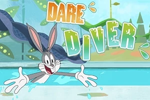 En tegneseriefigur springer op ad vandet med teksten Dare Diver ovenfor