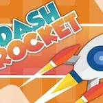 En farverig raket bevæger sig hurtigt mod højre med teksten DASH ROCKET i baggrunden på en orange stribet baggrund