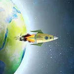 Raket flyver i rummet væk fra en planet med kontinenter og skyer