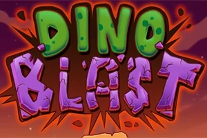 Farverig tekst med ordene Dino Blast i grønne og lilla bogstaver mod en orange og lilla baggrund