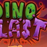 Farverig tekst med ordene Dino Blast i grønne og lilla bogstaver mod en orange og lilla baggrund