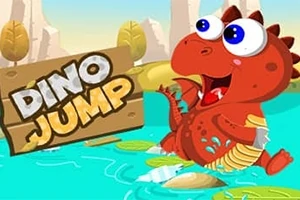 En rød dinosaur med store øjne hopper hen over liljepuder i en blå sø, med en træskilt i baggrunden der viser teksten Dino Jump