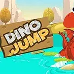 En rød dinosaur med store øjne hopper hen over liljepuder i en blå sø, med en træskilt i baggrunden der viser teksten Dino Jump
