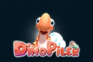 En smilende orange dinosaur foran et æg med teksten DinoPiler nedenunder