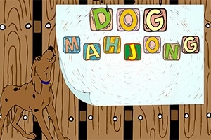 En tegnet hund står ved siden af farverige bogstavklodser, der staver DOG MAHJONG, mod en trævæg