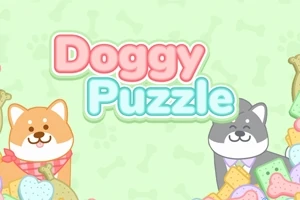 To hundeillustrationer omgivet af farverige kiks og ben med teksten Doggy Puzzle i pastelfarver