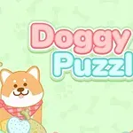 To hundeillustrationer omgivet af farverige kiks og ben med teksten Doggy Puzzle i pastelfarver