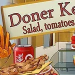 Doner kebab-skilt med ingredienser som salat, tomater, løg, en cola, pommes frites og forskellige saucer