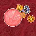Farverig illustration med en stor pink kugle, forskellige madikoner som pizza og donut, samt en karakter med en blå hat på en rød baggrund