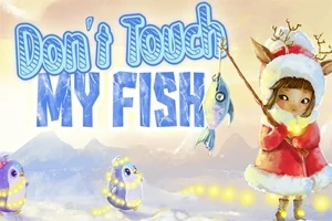 En pige i vintertøj med rensdyrører holder en fiskestang, mens pingviner med lys går i sneen under teksten Dont Touch My Fish