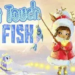 En pige i vintertøj med rensdyrører holder en fiskestang, mens pingviner med lys går i sneen under teksten Dont Touch My Fish