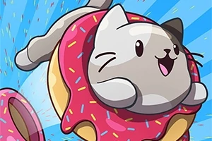 En glad, animeret kat springer gennem en doughnut med pink glasur og farverige krymmel på en blå baggrund