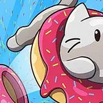 En glad, animeret kat springer gennem en doughnut med pink glasur og farverige krymmel på en blå baggrund