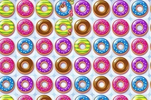 Farverigt mønster af donuts i forskellige designs og glasurer, arrangeret i rækker