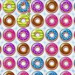 Farverigt mønster af donuts i forskellige designs og glasurer, arrangeret i rækker