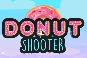 Teksten DONUT SHOOTER med en lyserød donut med glasur og farverige krymmel i baggrunden