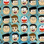 Tegnefilmfigurer og robotkat ansigter gentaget i et mønster på blå baggrund