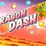 Farverig illustration med en grøn drage, juveler i forskellige farver og teksten Dragon Dash på en baggrund af orange bjerge og himmel