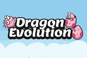 Pink drager og æg i tegneseriestil med teksten Dragon Evolution på en blå baggrund med skyer