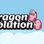 Pink drager og æg i tegneseriestil med teksten Dragon Evolution på en blå baggrund med skyer