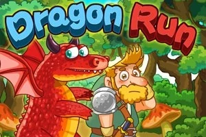 Rød drage og skægget mand i en skov med store svampe, med teksten Dragon Run øverst