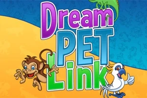 Farverig illustration med teksten Dream Pet Link og billeder af en abe og en papegøje på en blå og gul baggrund