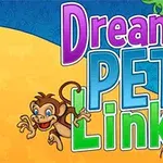 Farverig illustration med teksten Dream Pet Link og billeder af en abe og en papegøje på en blå og gul baggrund