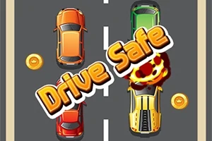 To biler kører side om side på en vej med gule mønter, og teksten Drive Safe vises i midten
