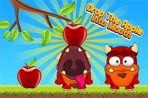To røde tegneserie-monstre med æbler og en trægren på en blå baggrund med teksten Drop The Apple Into Mouth
