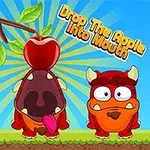 To røde tegneserie-monstre med æbler og en trægren på en blå baggrund med teksten Drop The Apple Into Mouth