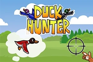 Tegnefilmsænder flyver over en grøn mark med skydeskive og teksten DUCK HUNTER