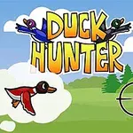 Tegnefilmsænder flyver over en grøn mark med skydeskive og teksten DUCK HUNTER