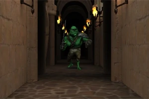 En grøn goblin med et sværd står i en oplyst stenkorridor med fakler på væggene