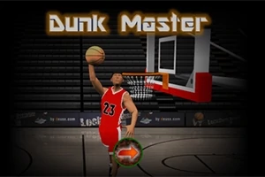 En basketballspiller i rød dragt springer for at dunke bolden i en tom basketballhal med teksten Dunk Master øverst