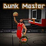 En basketballspiller i rød dragt springer for at dunke bolden i en tom basketballhal med teksten Dunk Master øverst
