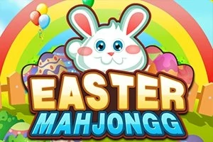 På billedet ses et tegneseriekaninansigt over teksten Easter Mahjongg med påskeæg, en regnbue og balloner i baggrunden