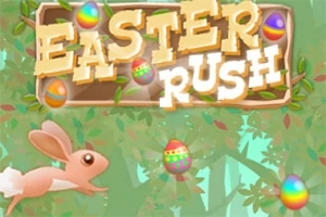 En tegnet kanin hopper gennem en skov fyldt med farverige påskeæg og et skilt med teksten Easter Rush
