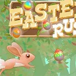 En tegnet kanin hopper gennem en skov fyldt med farverige påskeæg og et skilt med teksten Easter Rush