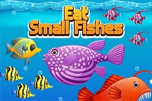 Forskellige farverige fisk svømmer i havet med teksten Eat Small Fishes øverst