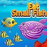 Forskellige farverige fisk svømmer i havet med teksten Eat Small Fishes øverst