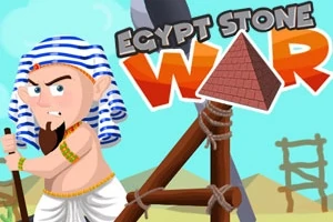 Animeret figur i egyptisk-inspireret tøj foran en katapult med pyramide og teksten EGYPT STONE WAR i baggrunden